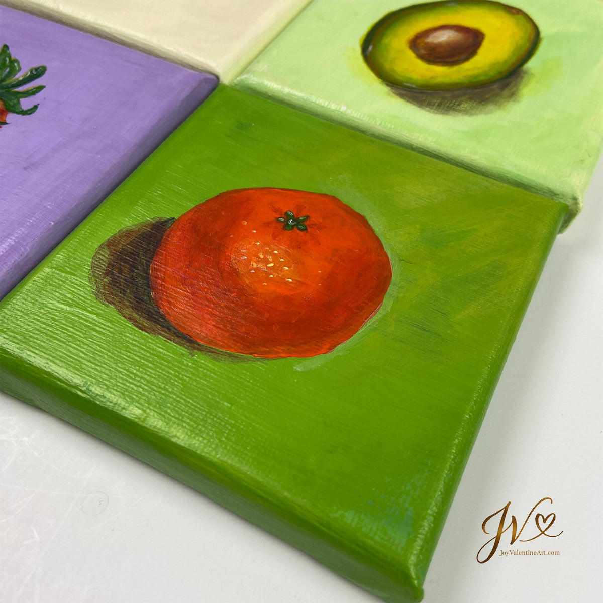 Mini Painting Orange original acrylic painting angled lay flat by Joy Valentine