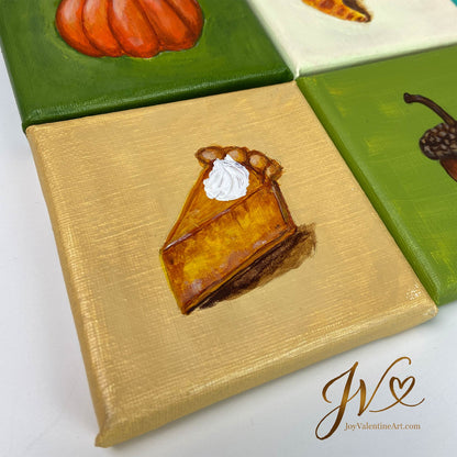 Mini Painting A Little Slice of Autumn original acrylic painting angled lay flat by Joy Valentine