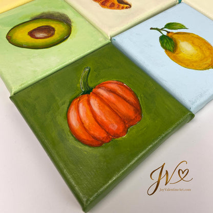 Mini Painting Little Pumpkin original acrylic painting angled lay flat by Joy Valentine