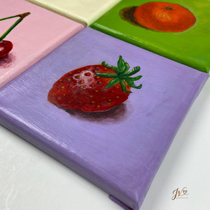 Mini Painting Strawberry original acrylic painting angled lay flat by Joy Valentine