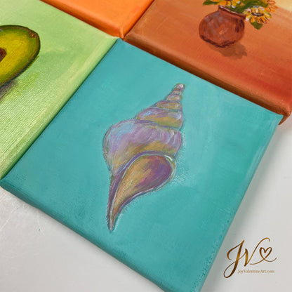 Mini Painting The Spiral Shell original acrylic painting angled lay flat by Joy Valentine